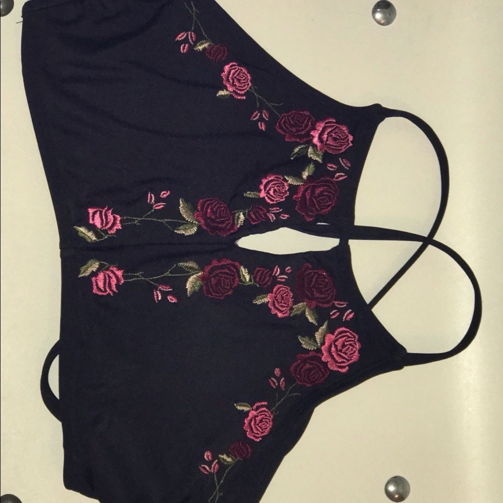 Black Bikini Top with Embroidered Roses